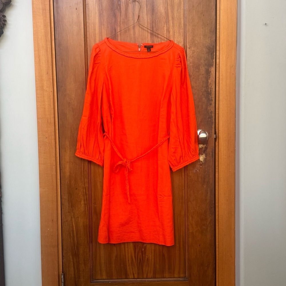 NWT Ann Taylor Linen Blend Puff Sleeve Belted Shift Dress Flame Azalea/orange M